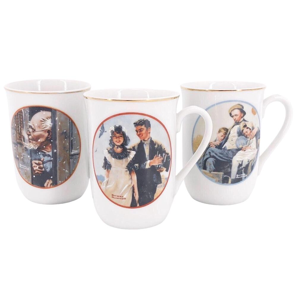 Norman Rockwell set of three mugs 80s 1980s vintage